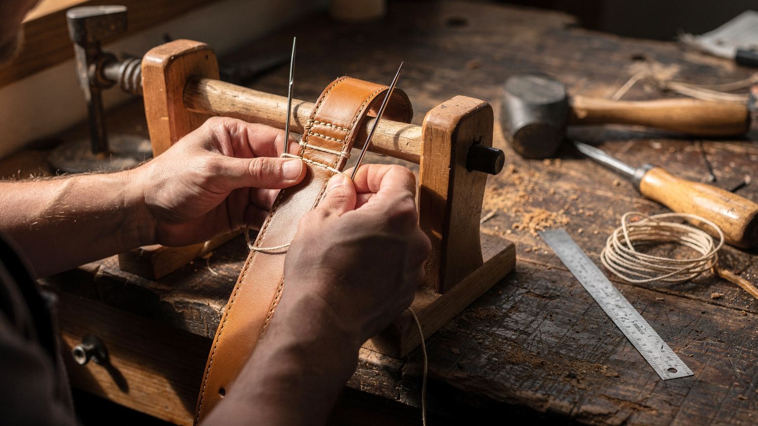 Saddle stitching a belt by hand in the workshop