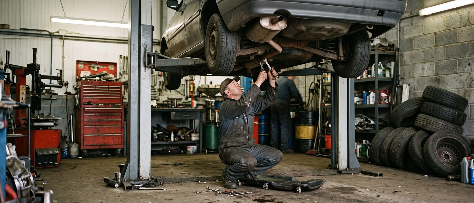 Technician working under a car on a workshop lift
