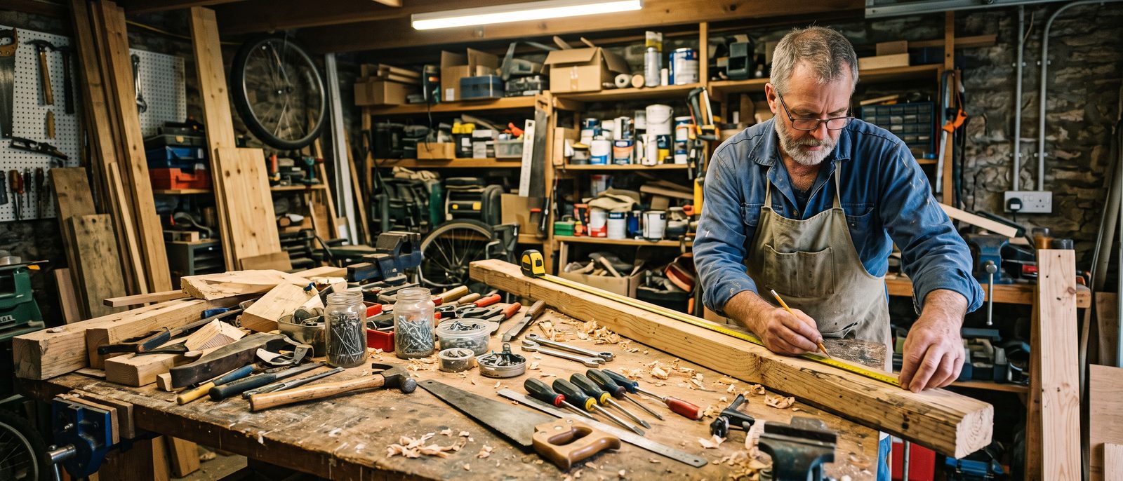 Handyman working at a bench with hand tools