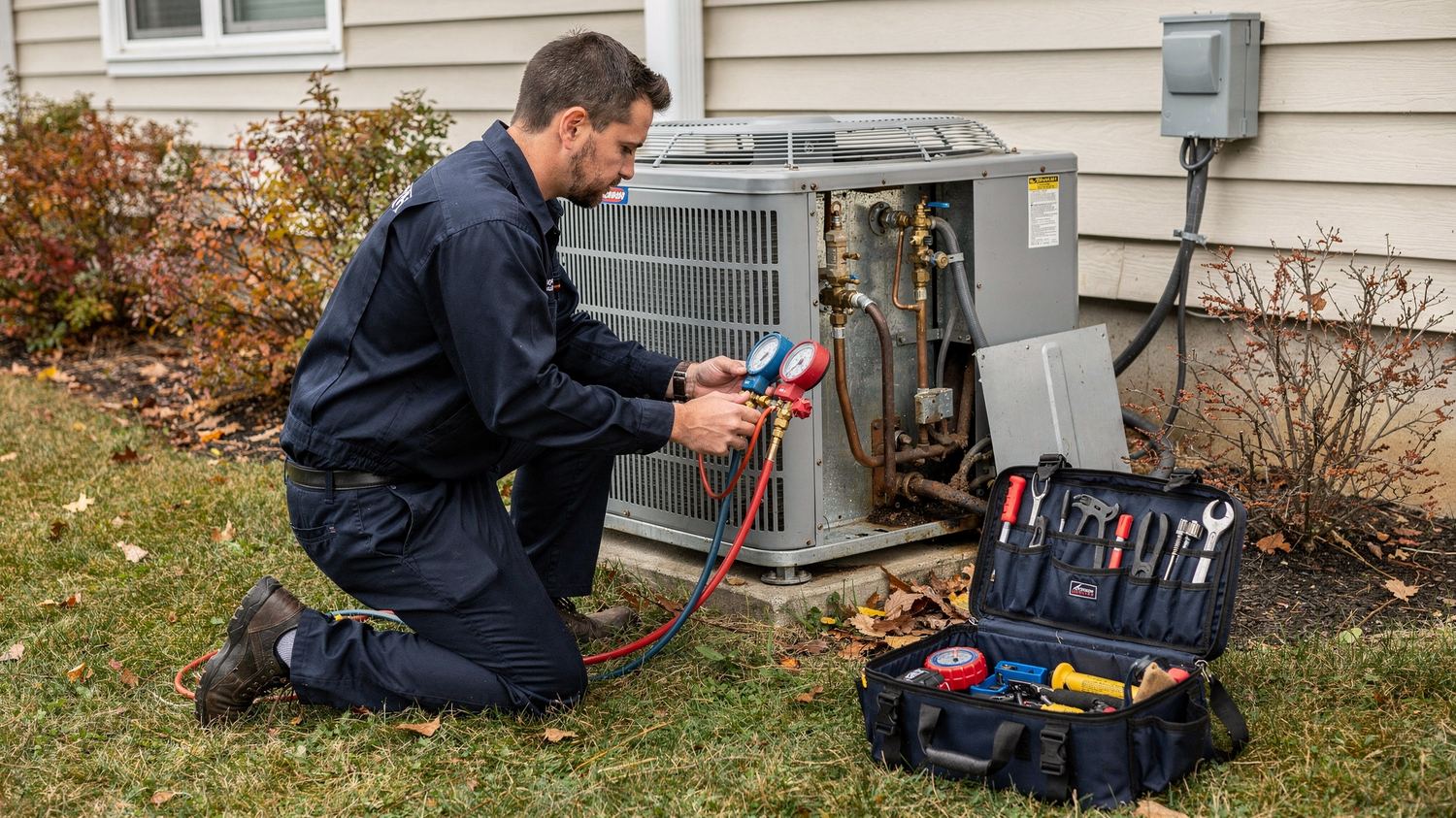 Kessler technician servicing an outdoor condenser unit