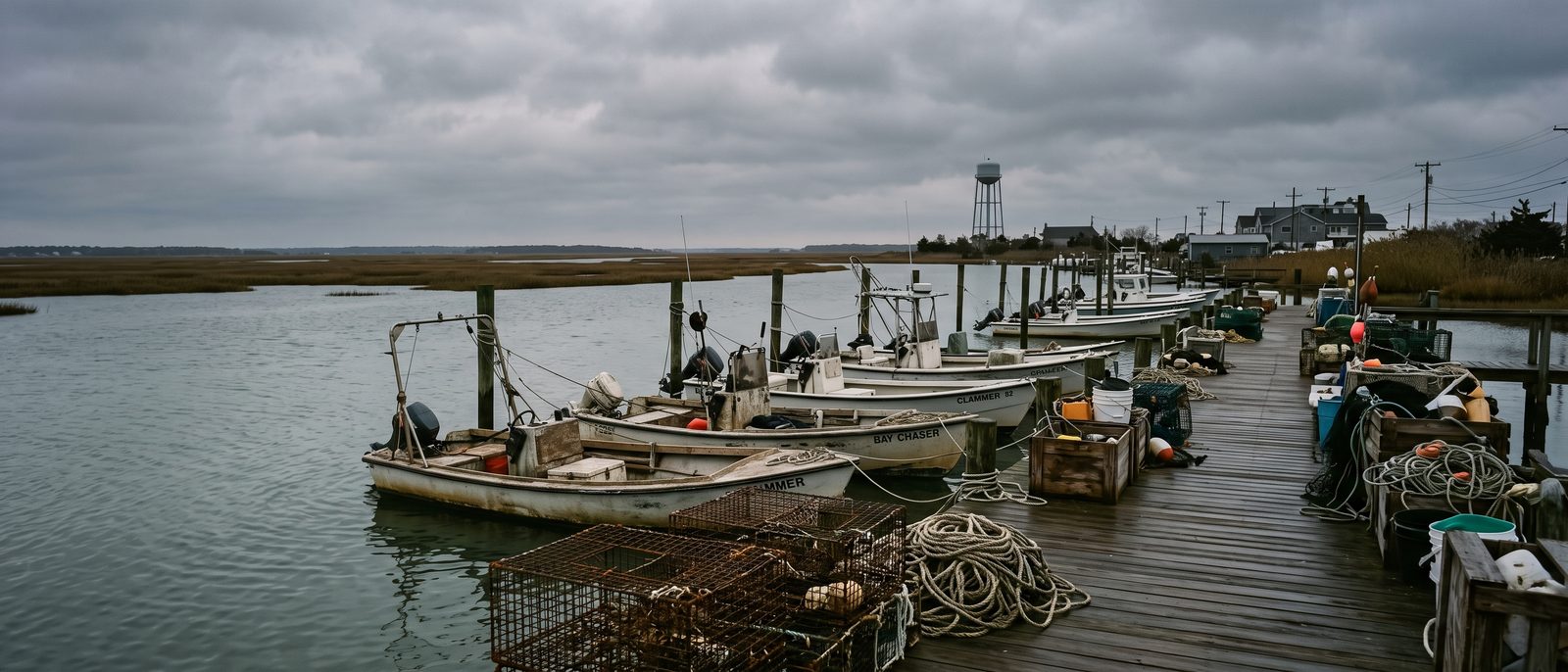 Boats moored along a working dock on the Jersey Shore