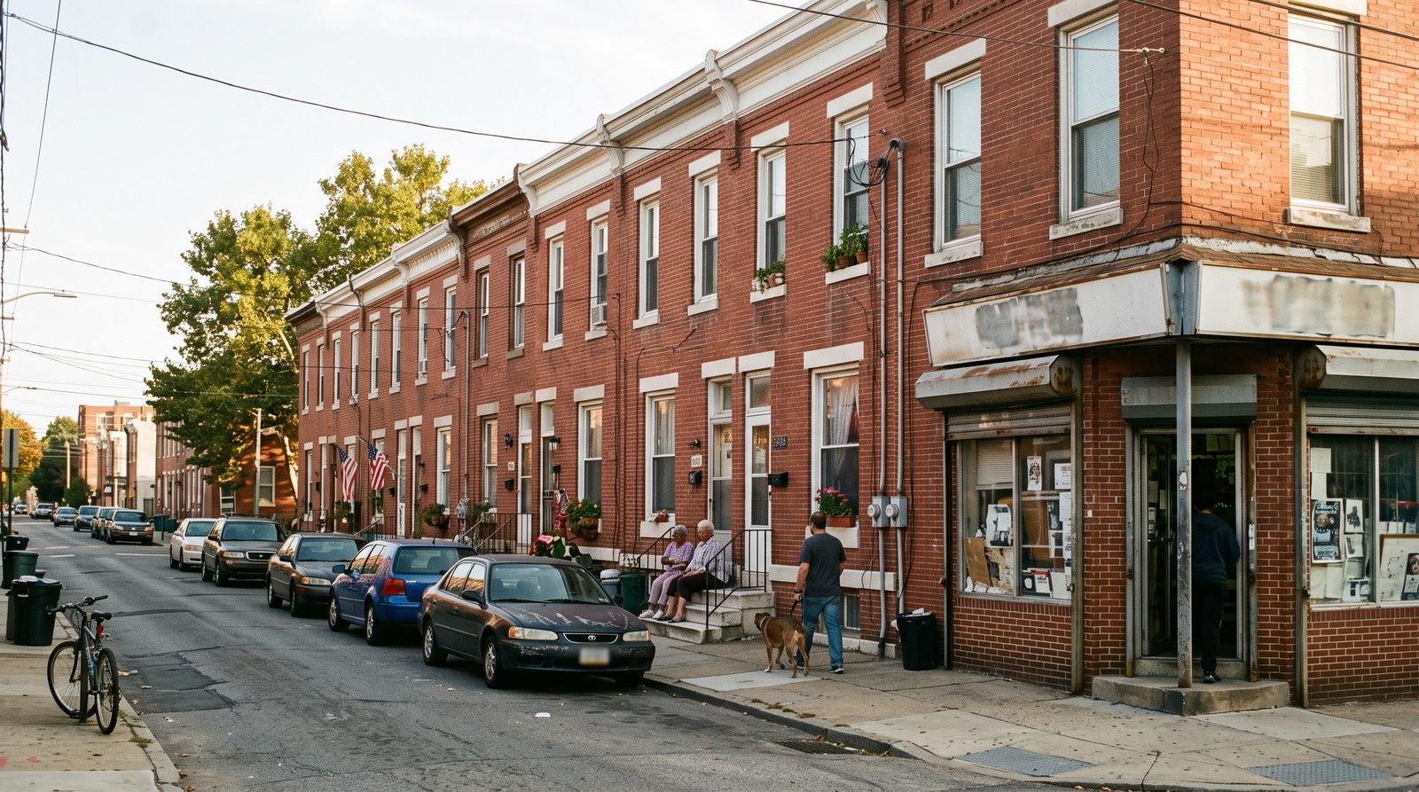 Red brick rowhomes on a Philadelphia street