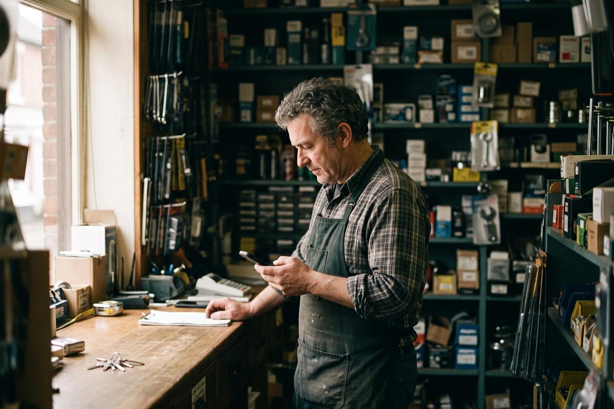 A shop owner behind the counter of a hardware store checking his phone