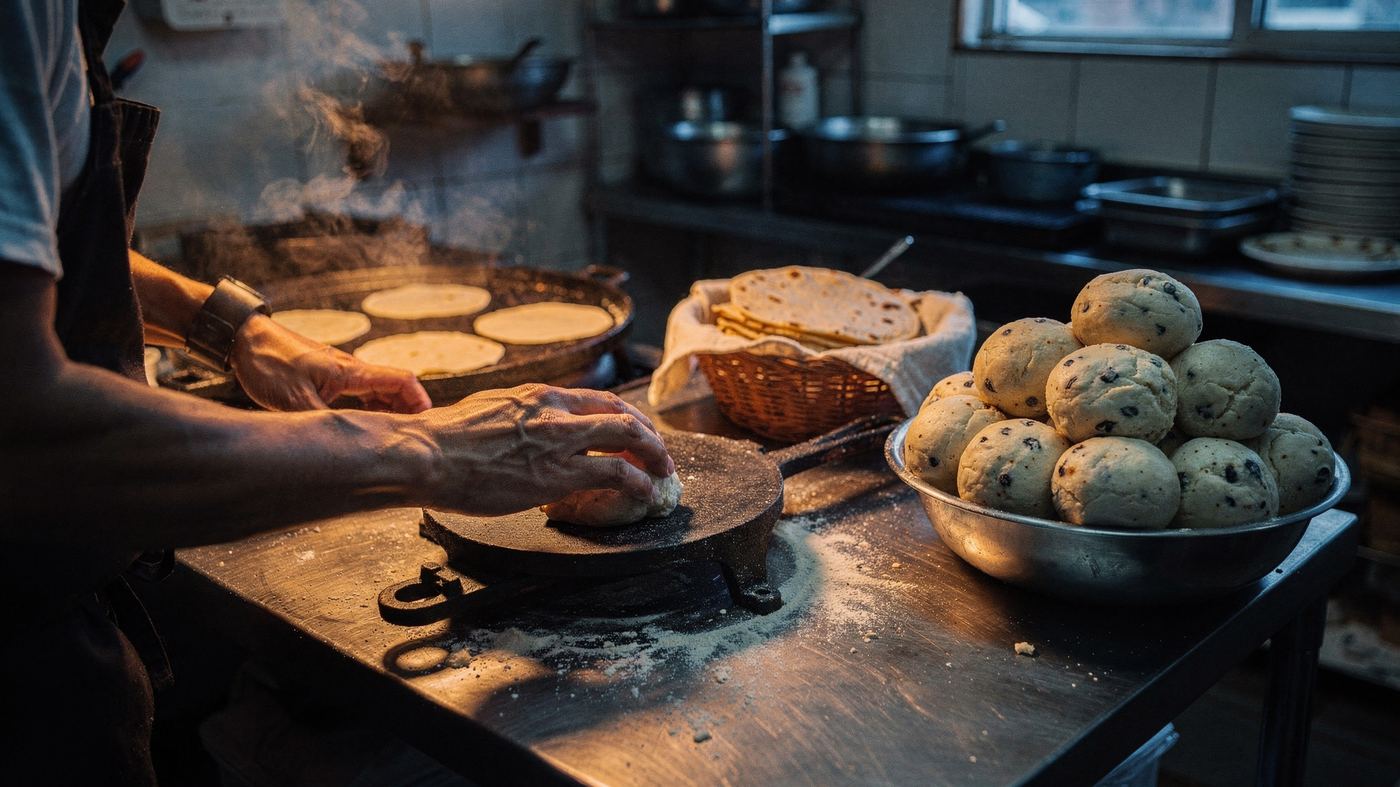 Hands pressing fresh masa on a hot comal in the taqueria kitchen at dawn